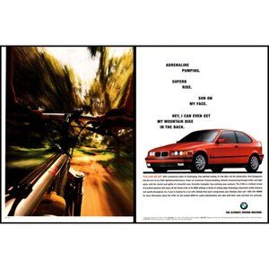 1995 BMW 318ti Hatchback 2 Page Vintage Print Ad Mountain Biking Trail Wall Art